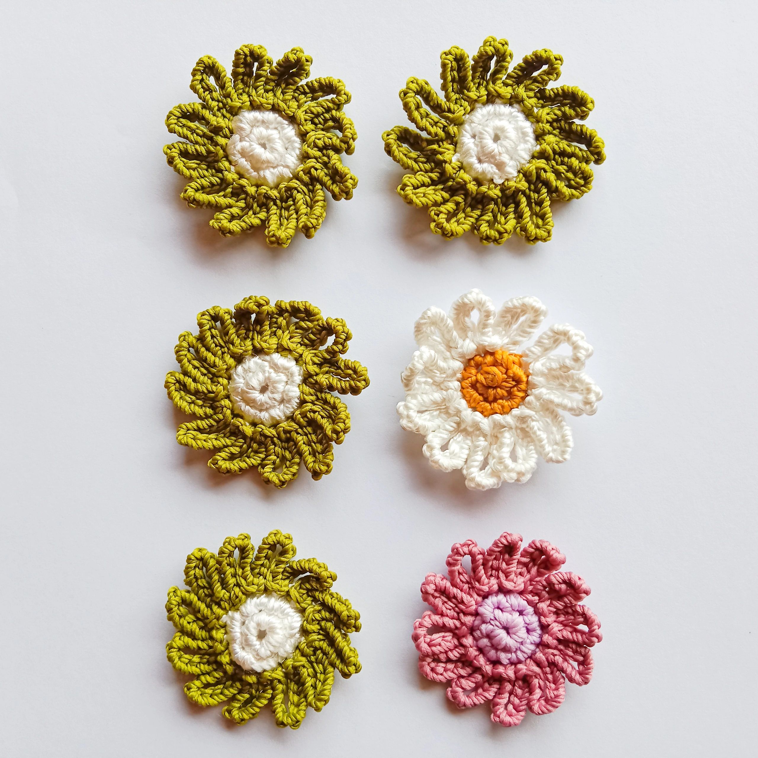 Crochet daisy flower on white background