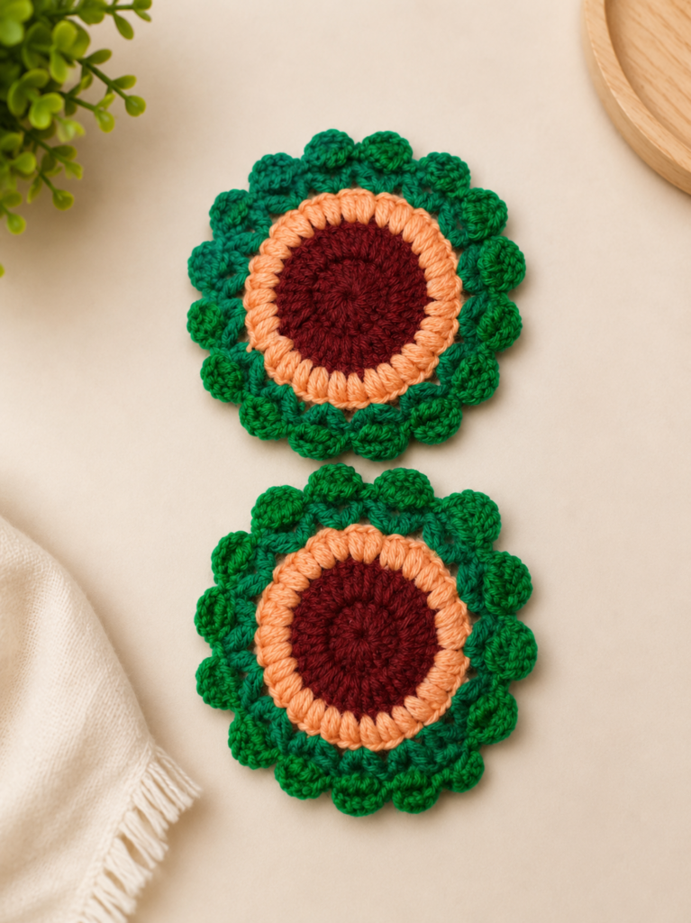 crochet coasters, ideal for aesthetic look of the table, handmade by kimistore, order online, green leaf design coaster, 