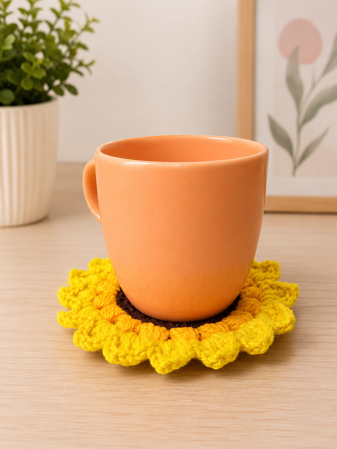 crochet sunflower coaster, ideal for aesthetic look on the table, handmade by kimistore
